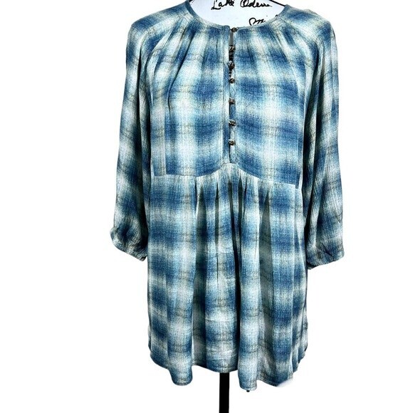 Anthropologie Maeve Blue Cavalon Plaid Peplum Boho Peasant Top Size S - Picture 1 of 15